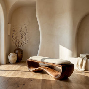 Minimalist Wood Bench With Flowing Base For Living Room Seating