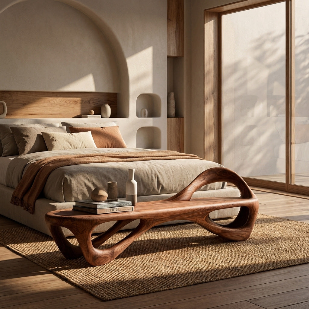 Contemporary Wooden Bench With Unique Form For Living Space