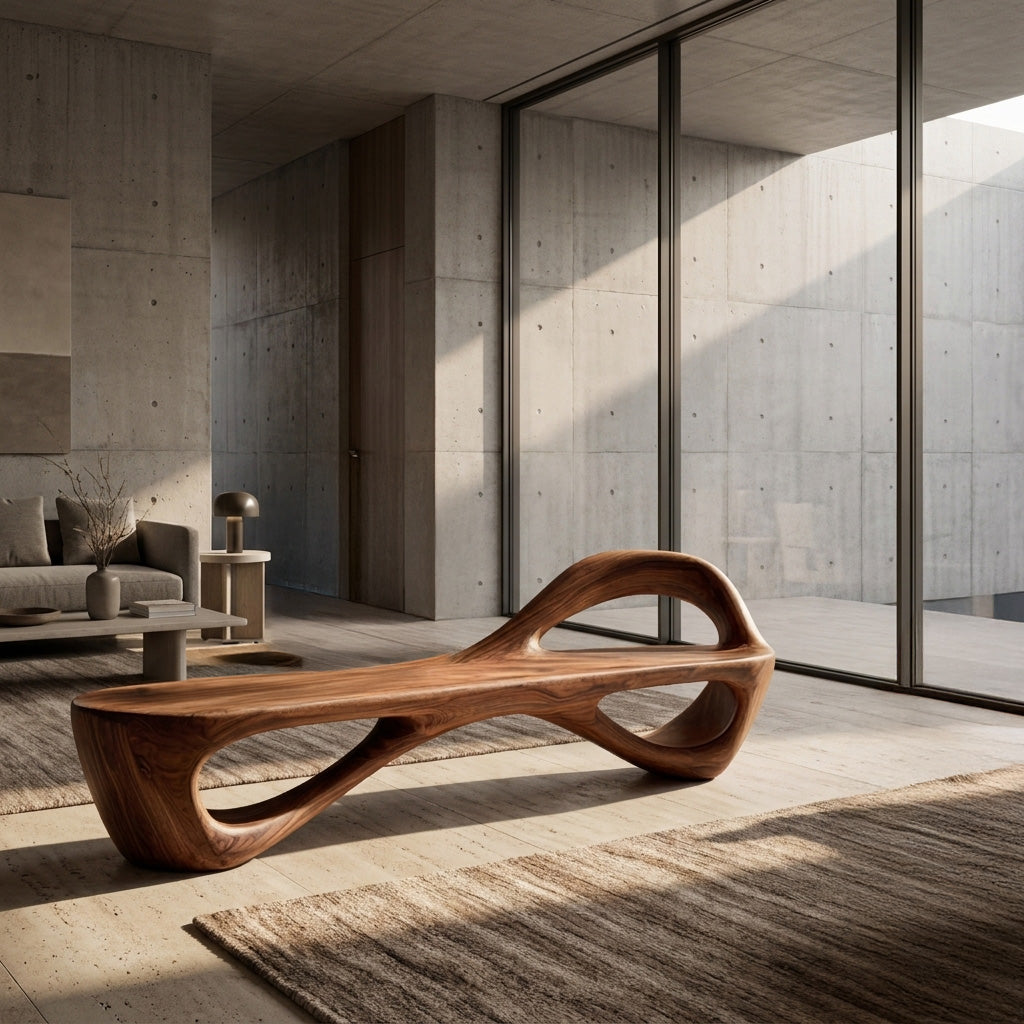 Handcrafted Sculptural Wooden Bench For Living Room Space