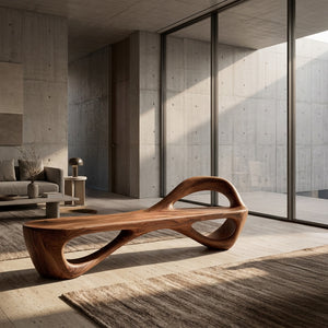 Handcrafted Sculptural Wooden Bench For Living Room Space