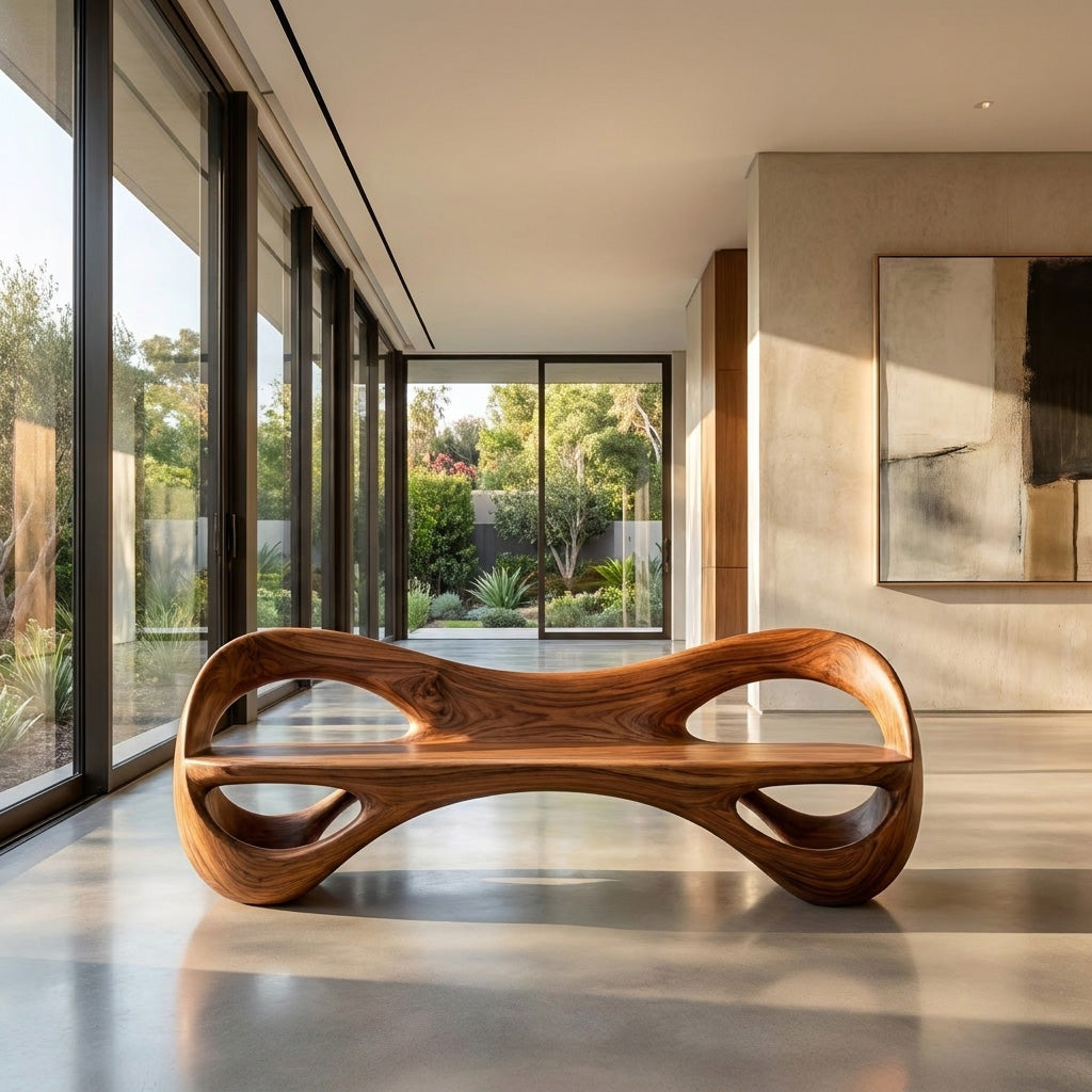 Modern Sculptural Natural Wood Curved Bench For Living Room