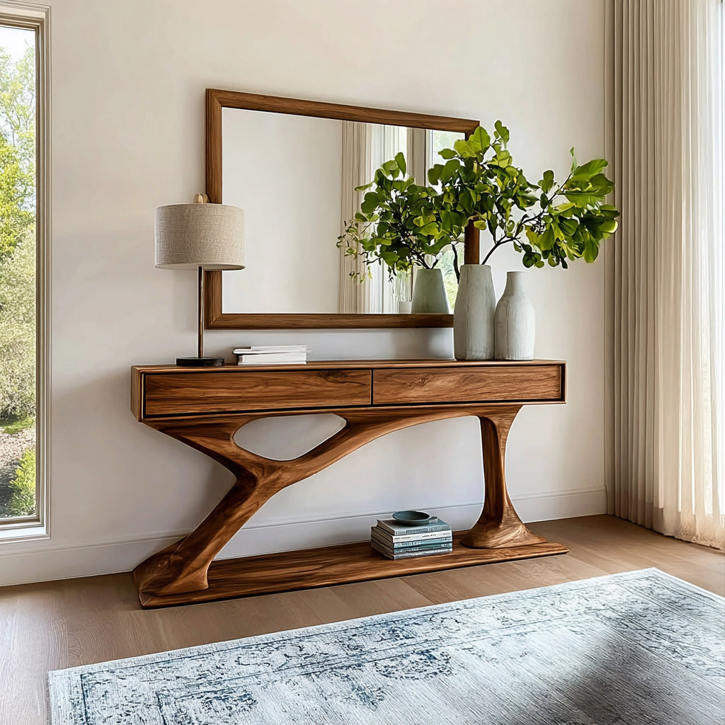 Contemporary Wooden Console Table With Sculptural Base For Living Room