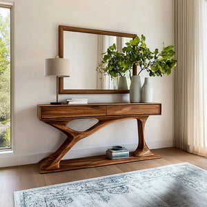 Contemporary Wooden Console Table With Sculptural Base For Living Room