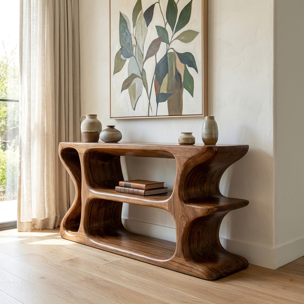 Organic Sculptural Wooden Console Table For Cozy Living Room