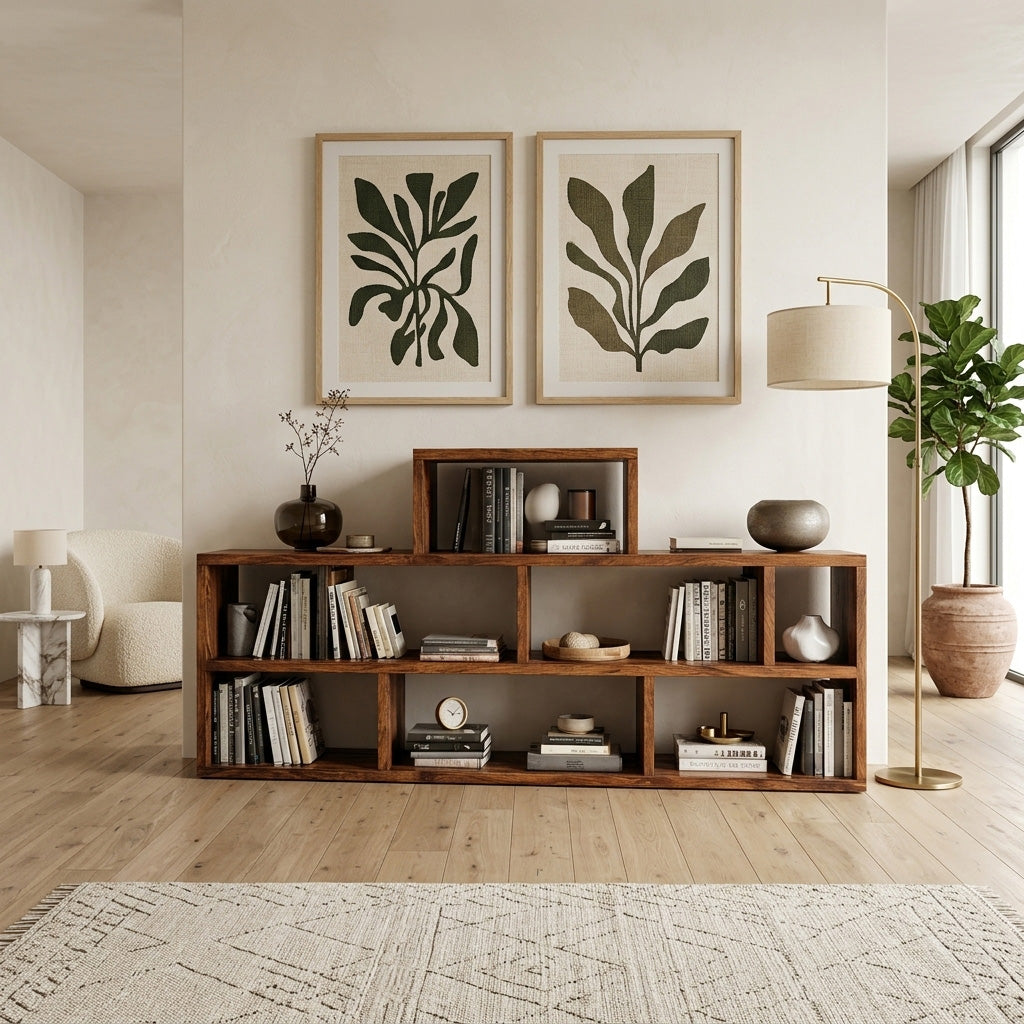 Handcrafted Wooden Bookshelf With Multi Storage For Living Space