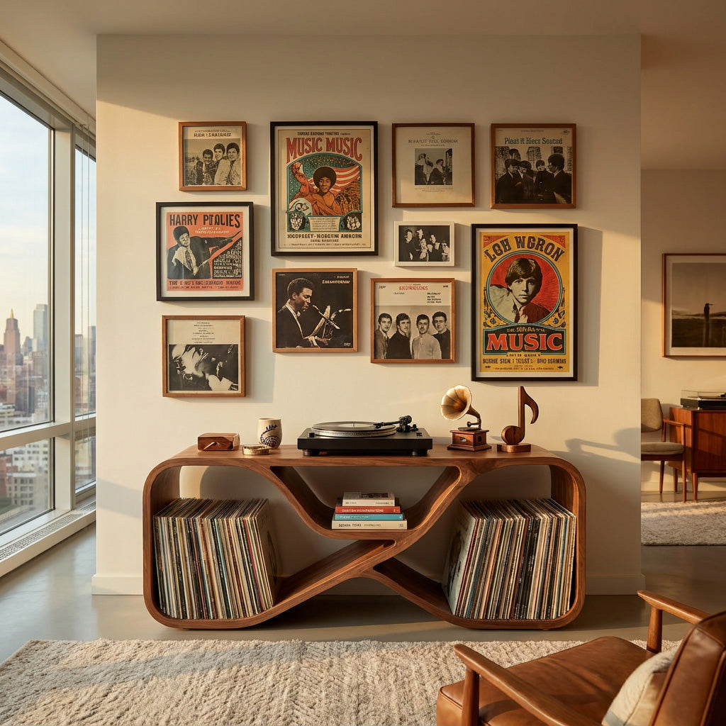 Organic Record Player Cabinet With Curved Shelving For Living Room