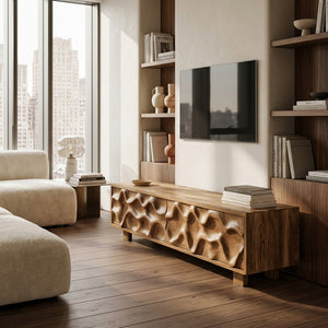 Hand Carved TV Stand With Wave Design For Living Room
