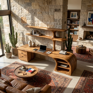 Organic Wood Desk With Sculptural Open Shelves For Home Workspace