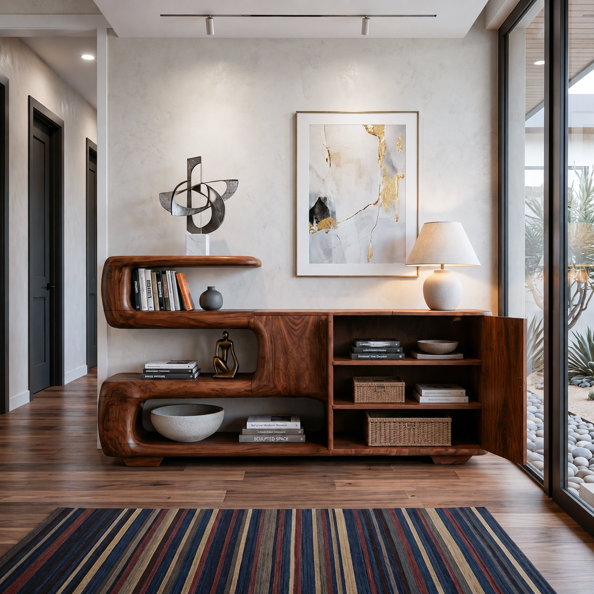 Organic Sideboard With Shelves And Cabinet For Living Room