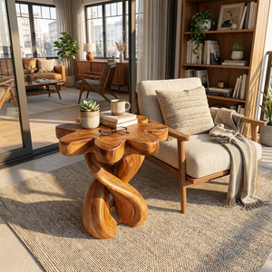 Wooden Nightstand With Twisted Base And Flower-shaped Tabletop For Bedroom