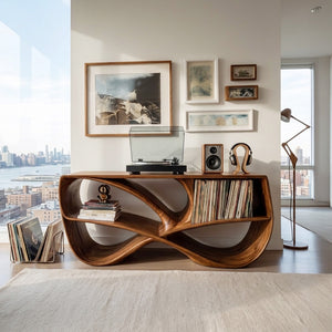 Modern Sculptural Wooden Record Player Console For Living Room
