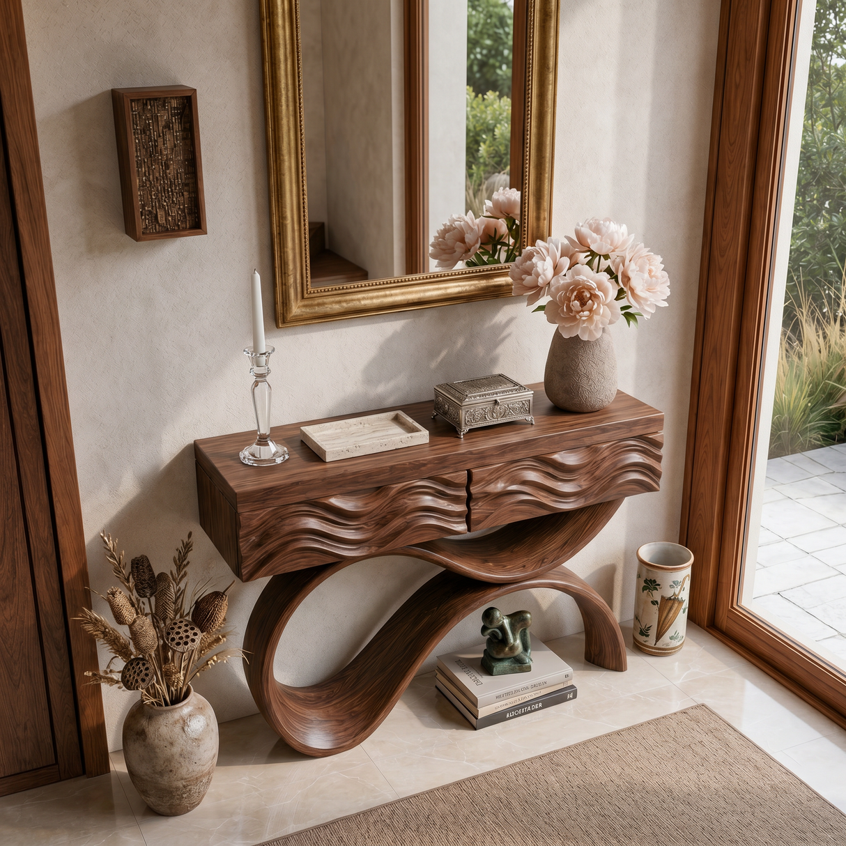 Modern Wood Console Table With Elegant Curved Base For Entryway
