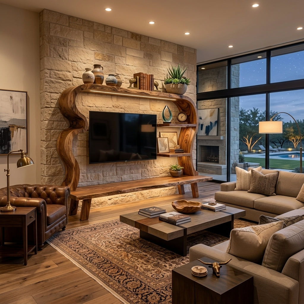 Wood TV Stand With Undulating Frame For Living Room Decor