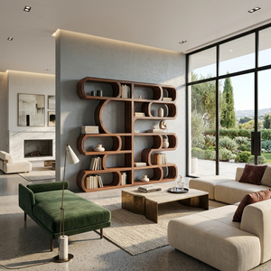 Modern Sculptural Bookshelf With Symmetrical Curves For Living Room Or Office