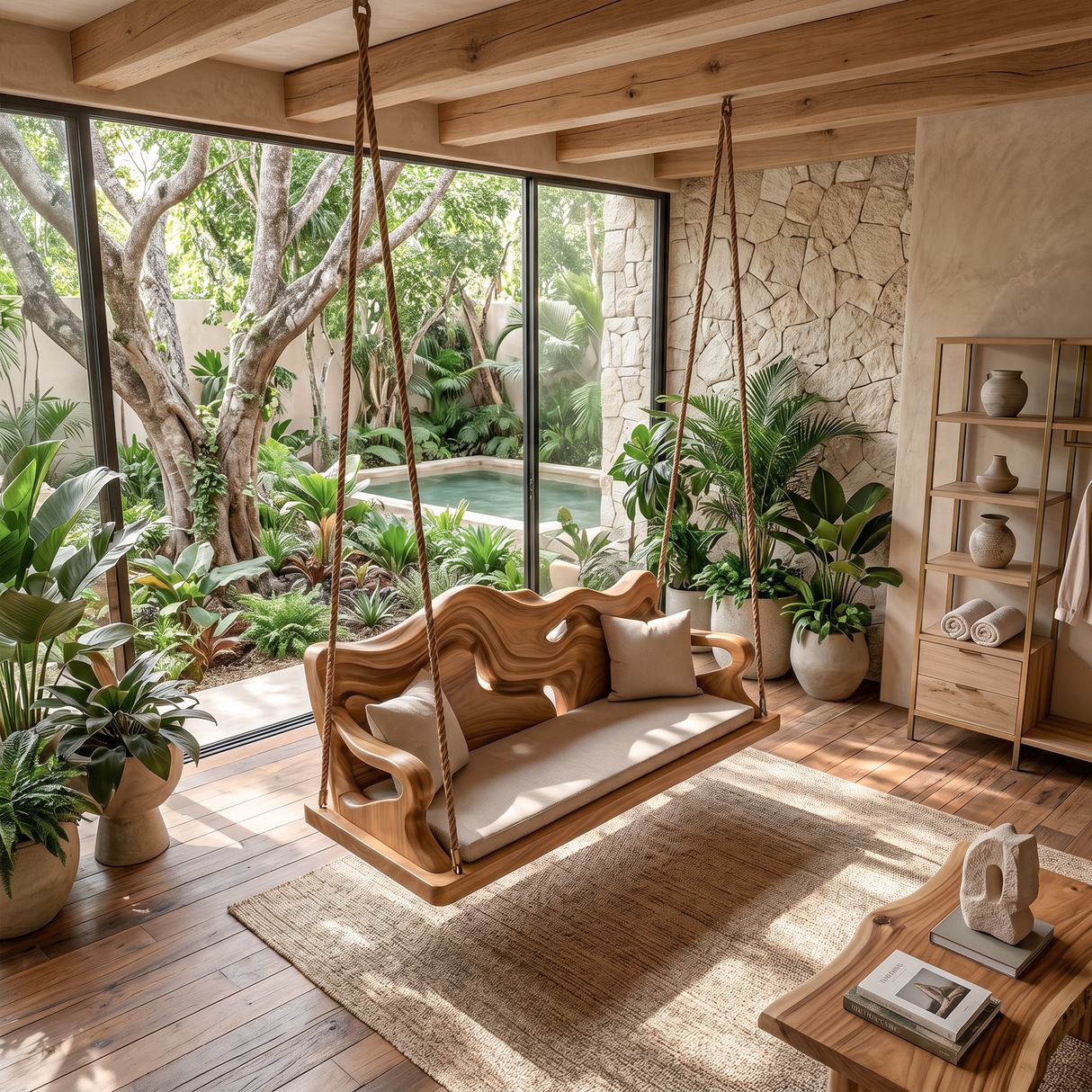 Modern Carved Crest Indoor Swing Open Living Interior