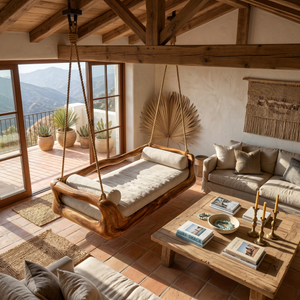 Sculptural Organic Wood Hanging Daybed Swing Penthouse Balcony