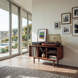 Minimalist Record Cabinet With Four Open Shelves For Interior