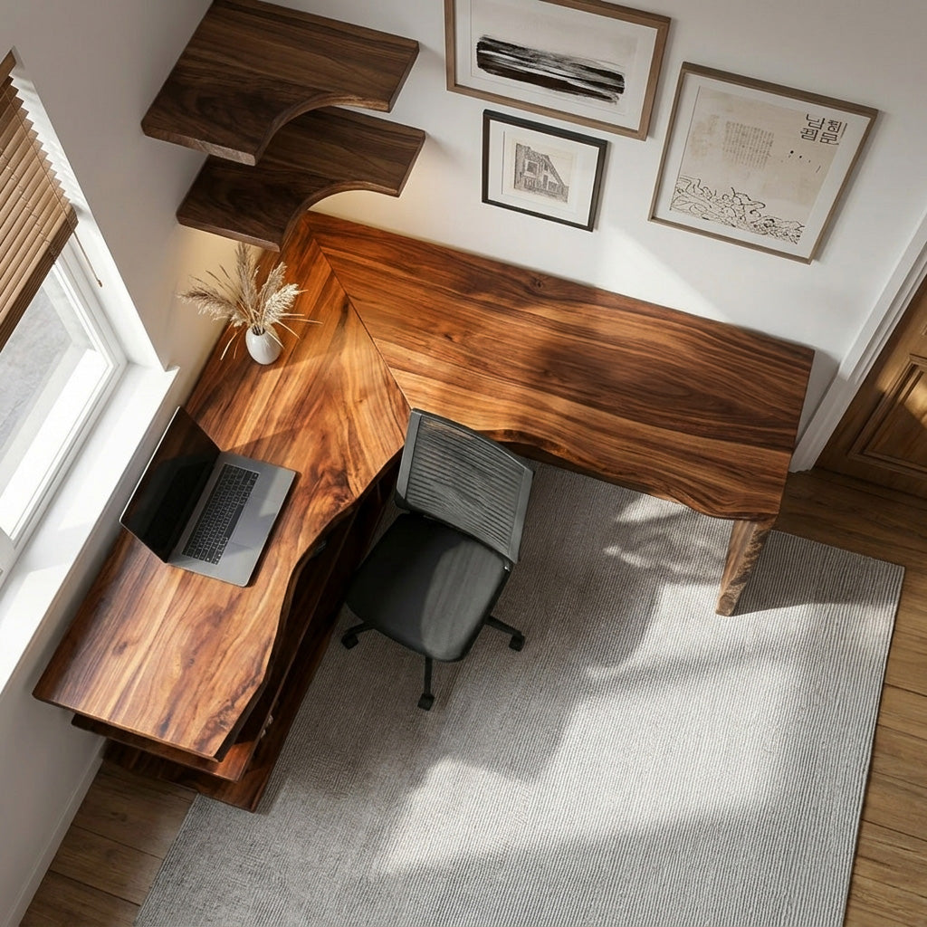 Organic L-Shaped Desk With Shelving For Home Office