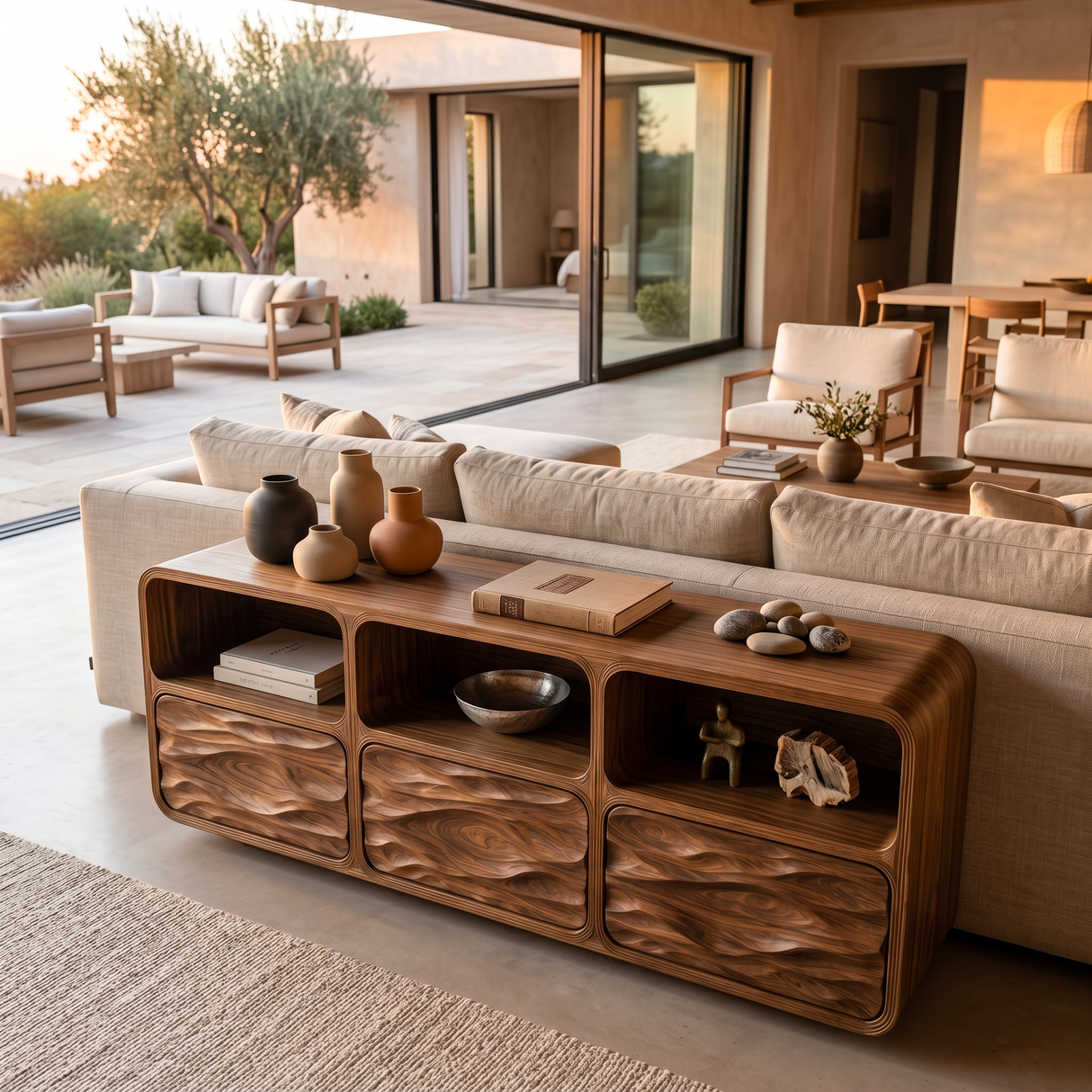 Contemporary Console Table With Wave Carved Drawers For Living Room