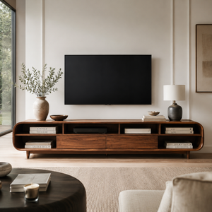 Mid Century Wooden TV Cabinet With Multiple Compartments For Living