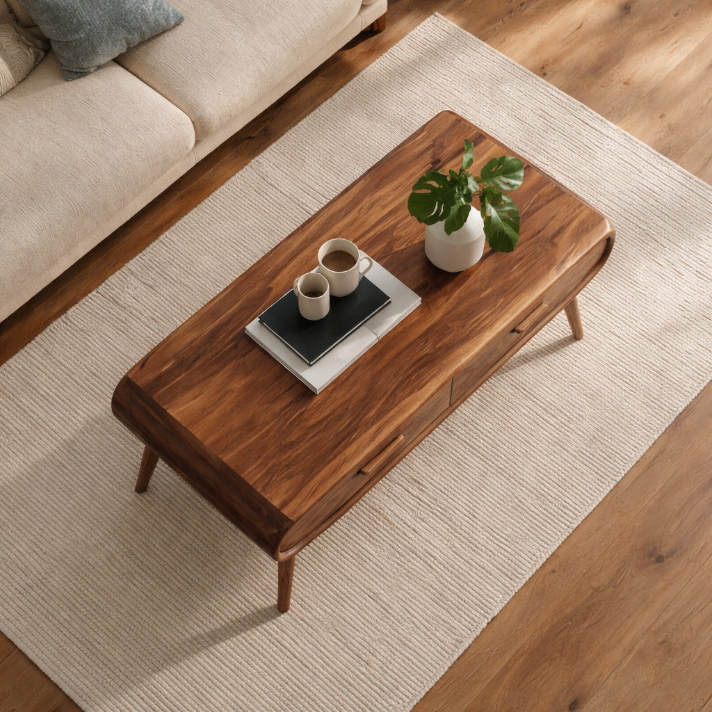 Mid Century Wood Coffee Table With Tapered Legs For Interior