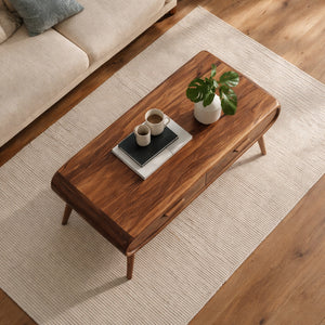 Mid Century Wood Coffee Table With Tapered Legs For Interior