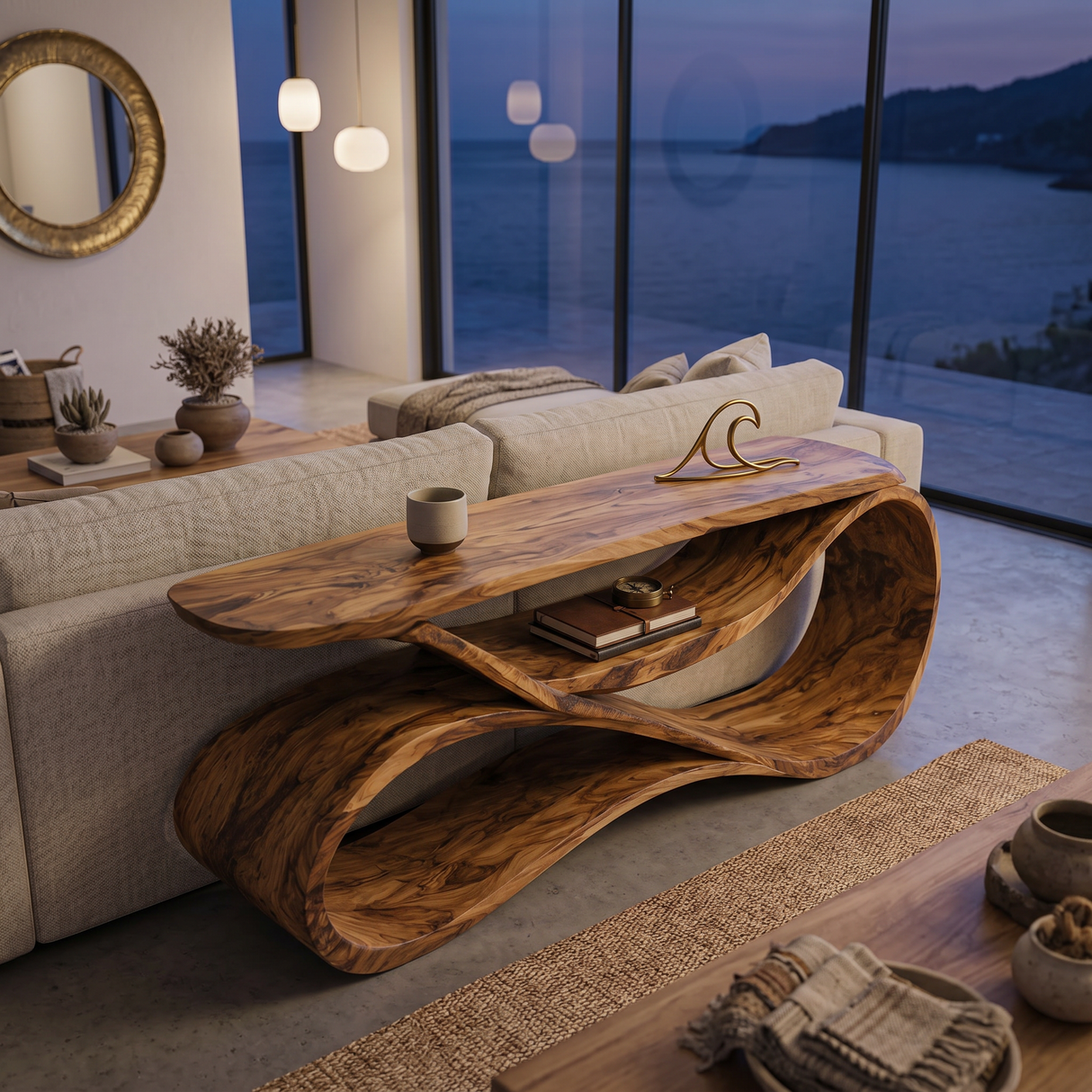 Modern Wooden Console Table Flowing Shelf Design For Living