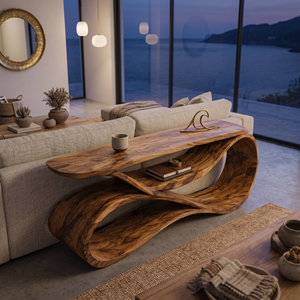 Modern Wooden Console Table Flowing Shelf Design For Living