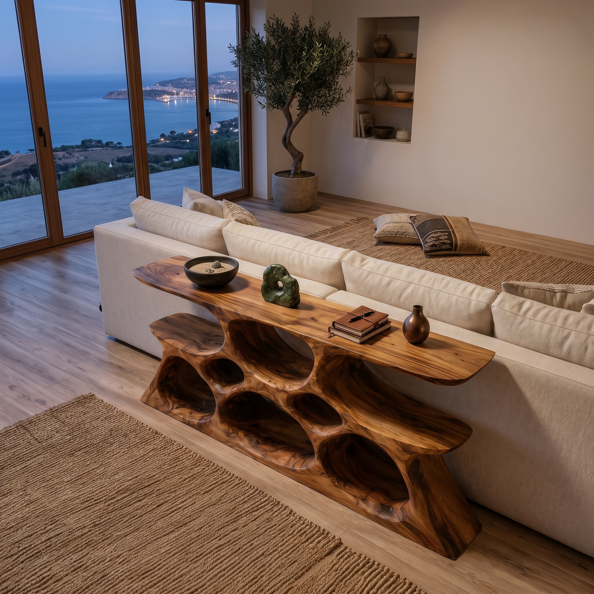 Elegant Wooden Console Table With Sculptural Shelves For Home Decor