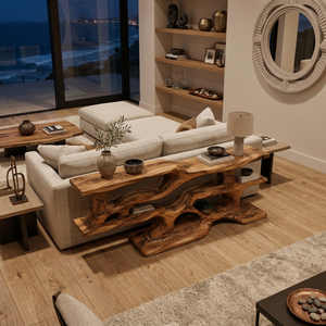 Wooden Console Table With Sculptural Open Shelves For Living
