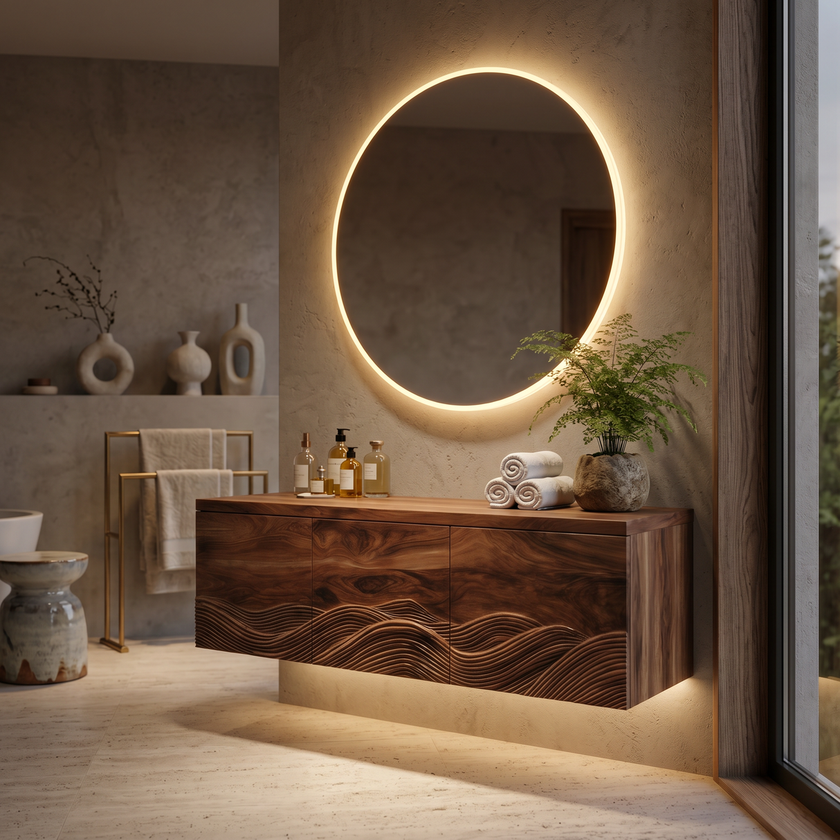 Handcrafted Bathroom Vanity With Wave Relief Wood Cabinet For Bathroom