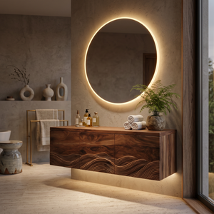 Handcrafted Bathroom Vanity With Wave Relief Wood Cabinet For Bathroom