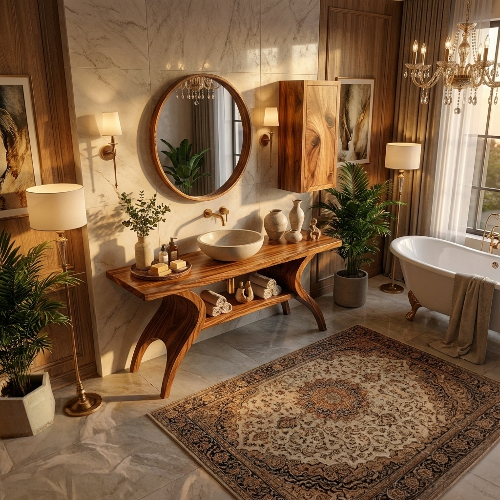 Organic Wooden Bathroom Vanity With Open Towel Shelf For Bath