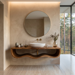 Wood Bathroom Vanity With Floating Wave Shelf For Modern Bath