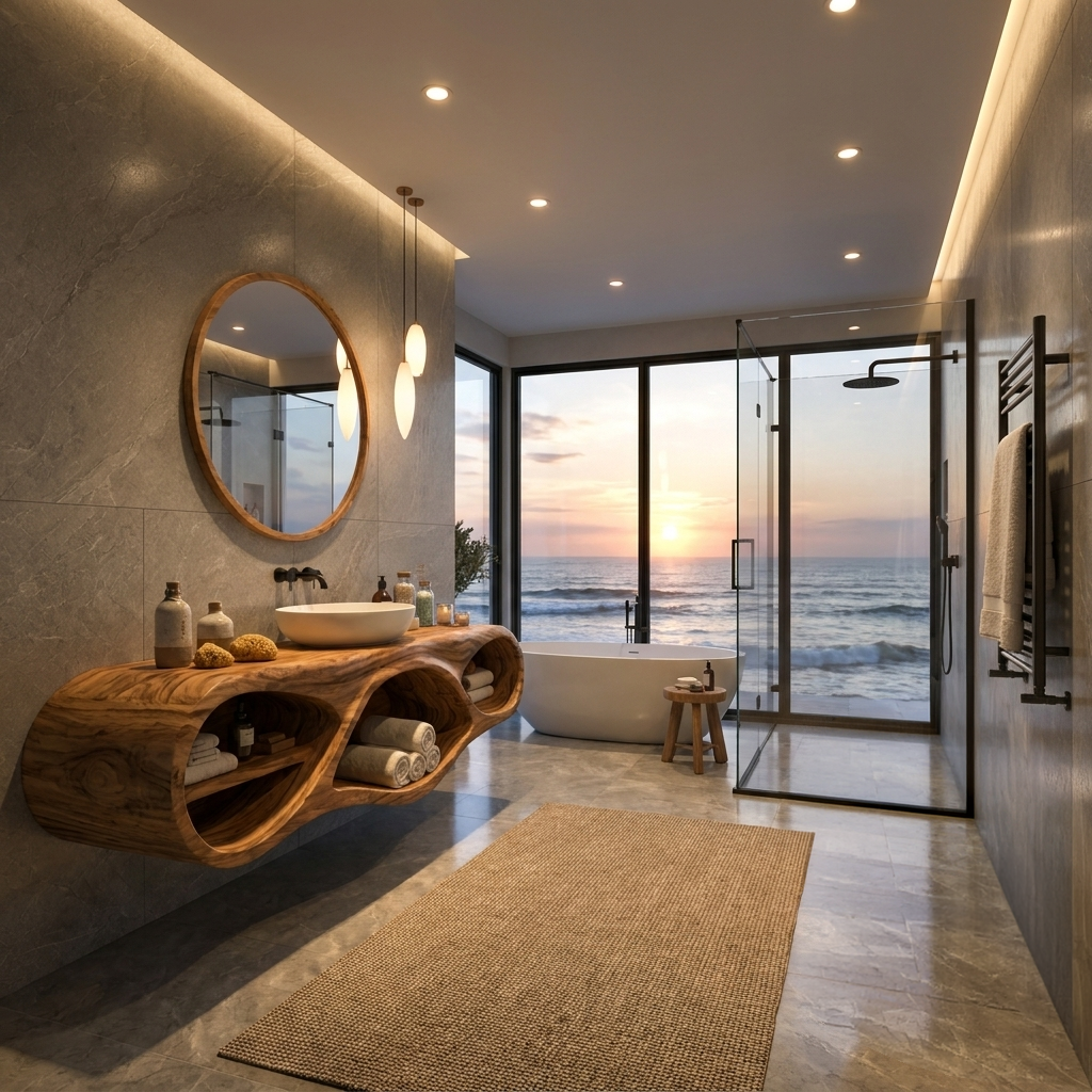 Organic Bathroom Vanity With Oval Open Shelves For Spa Bathroom