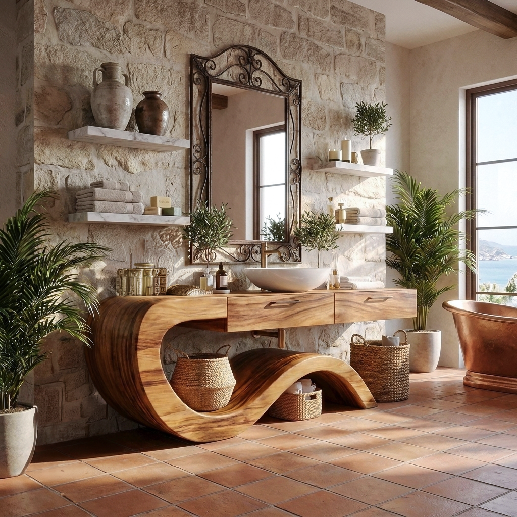 Modern Wood Bathroom Vanity With Sculptural Wave Base For Bath