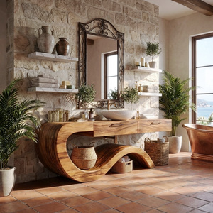 Modern Wood Bathroom Vanity With Sculptural Wave Base For Bath