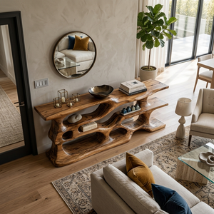 Wooden Console Table With Sculptural Open Shelves For Living