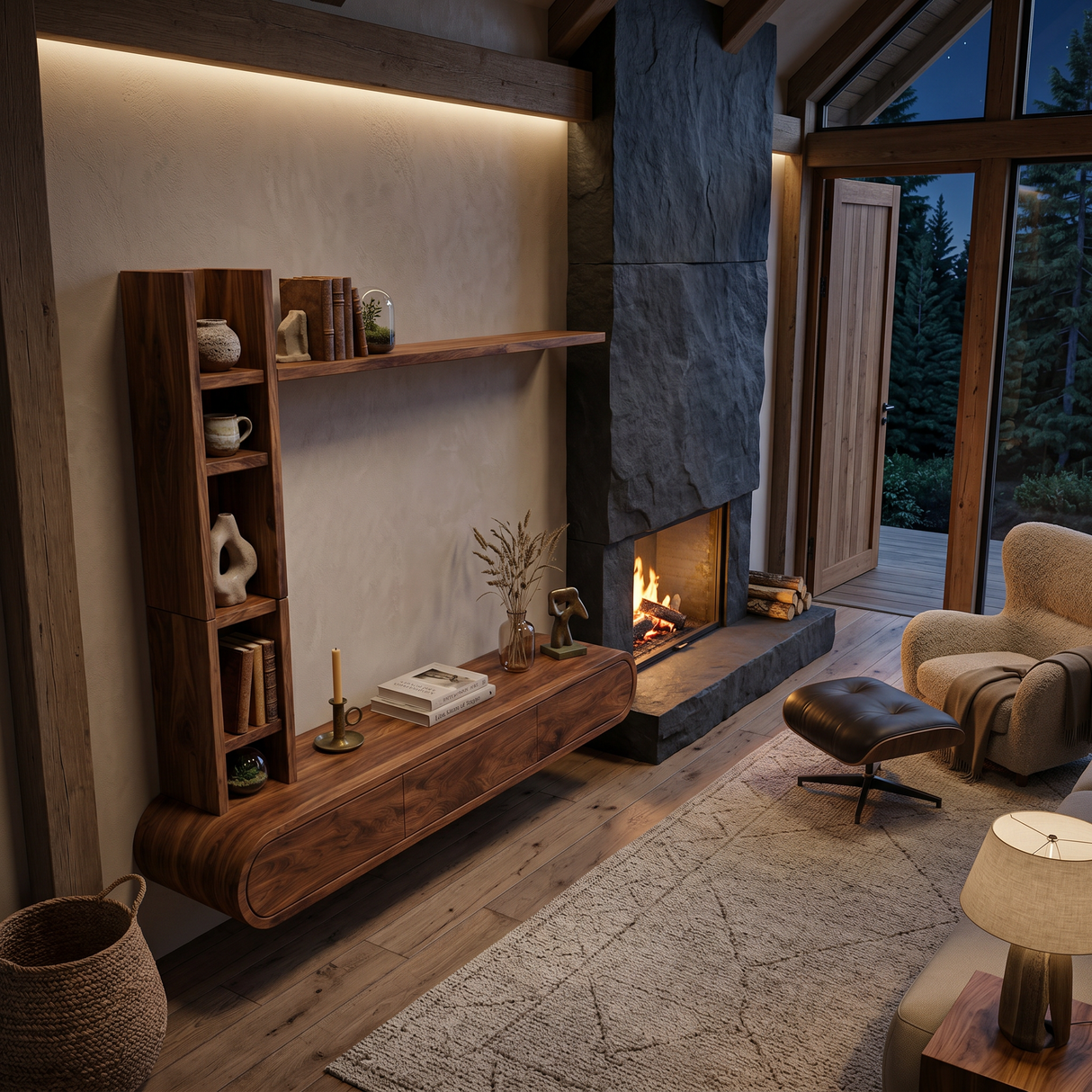 Wooden Floating TV Stand With Tall Open Shelf For Living