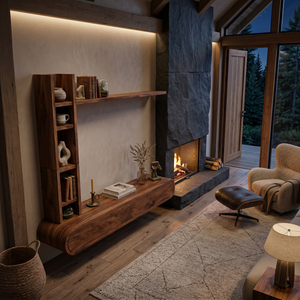 Wooden Floating TV Stand With Tall Open Shelf For Living