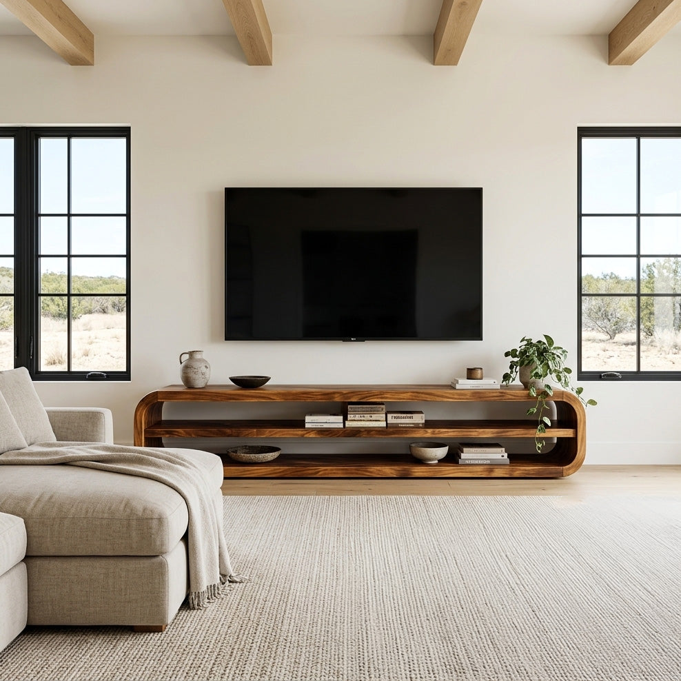 Contemporary Wooden TV Console With Open Storage For Living Room
