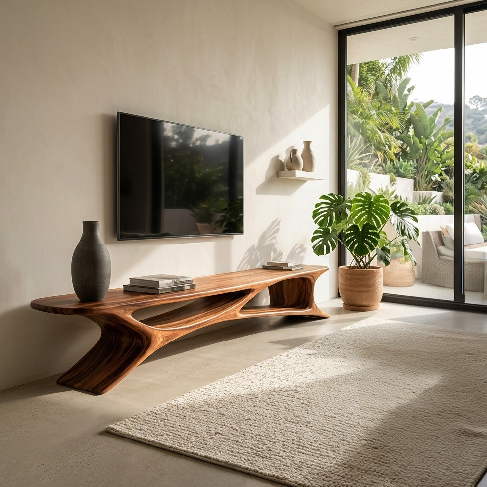 Handcrafted Sculptural Wooden TV Stand For Living Room