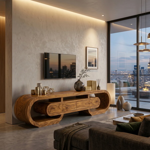 Modern Wood TV Cabinet Curved Design With Drawers For Living