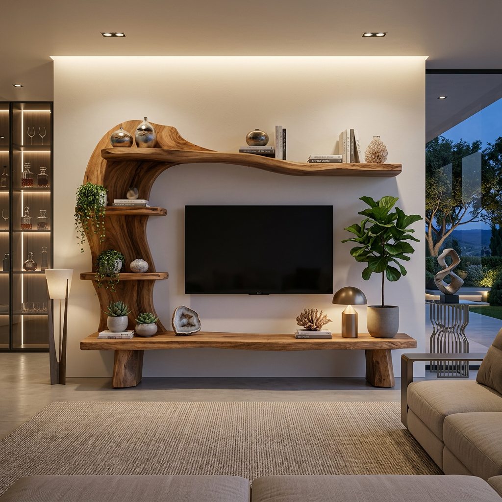 Handcrafted Wood TV Shelf With Curved Frame For Living Room