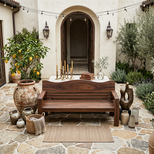 Rustic Outdoor Wooden Bench With Curved Backrest For Garden Or Porch