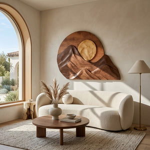 Handcrafted Mountain Sun Wood Wall Art For Living Room