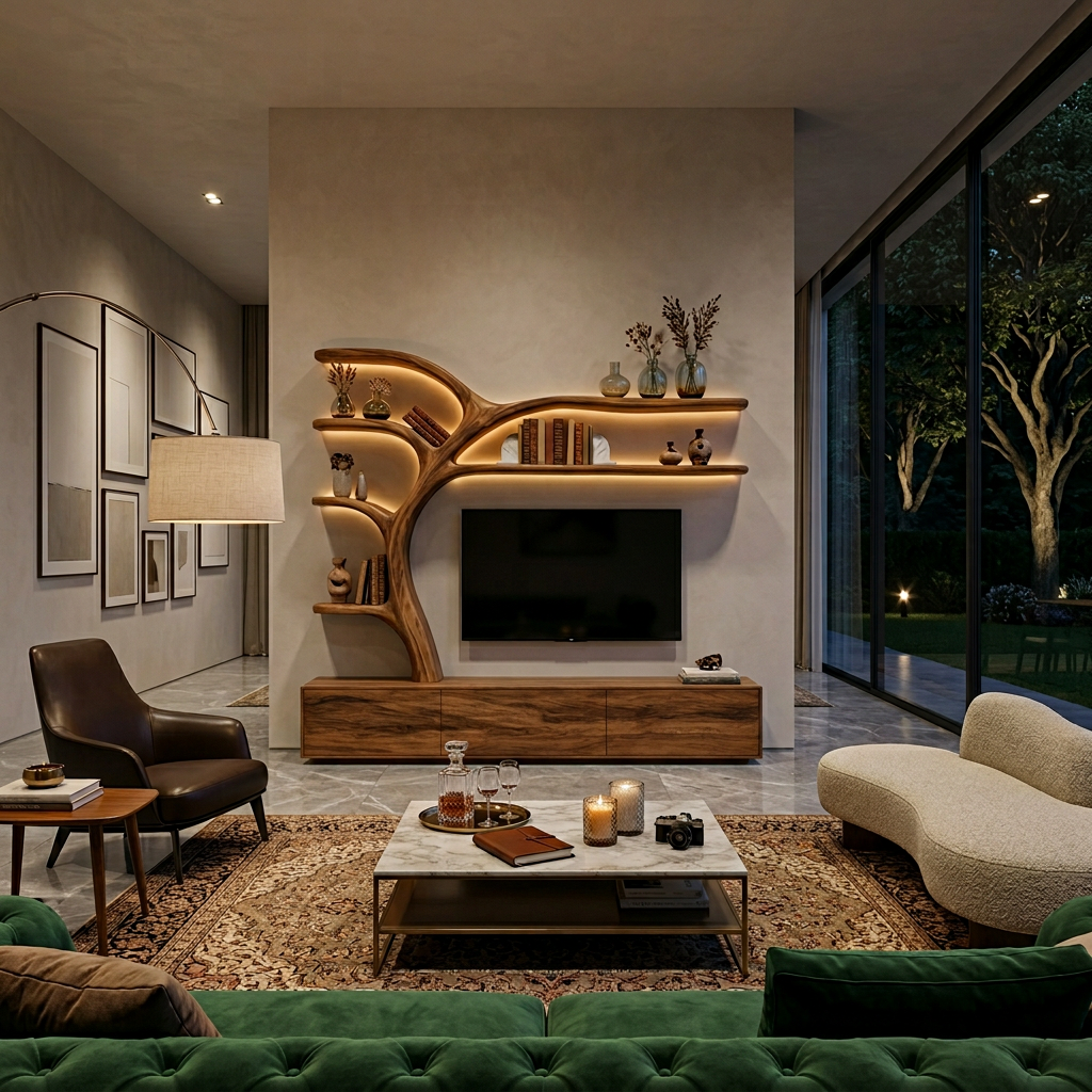 Wooden TV Stand With Branch Display Shelves For Living Room