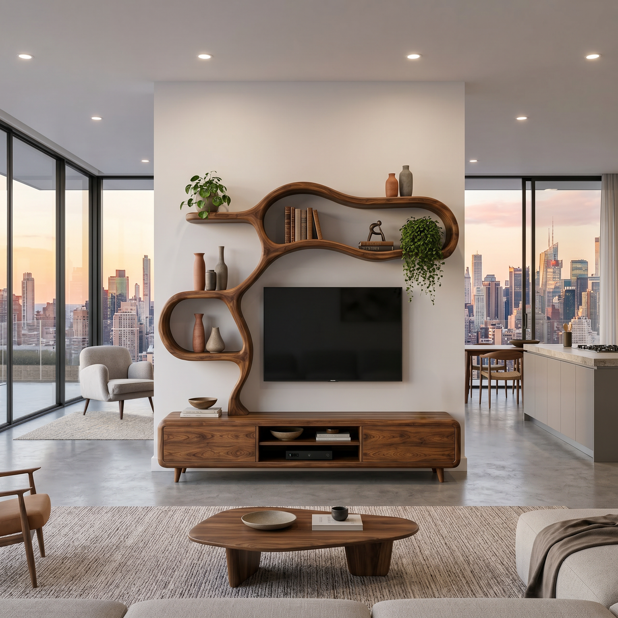 Contemporary Wooden TV Cabinet With Sculptural Frame For Living Room