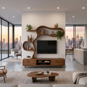Contemporary Wooden TV Cabinet With Sculptural Frame For Living Room
