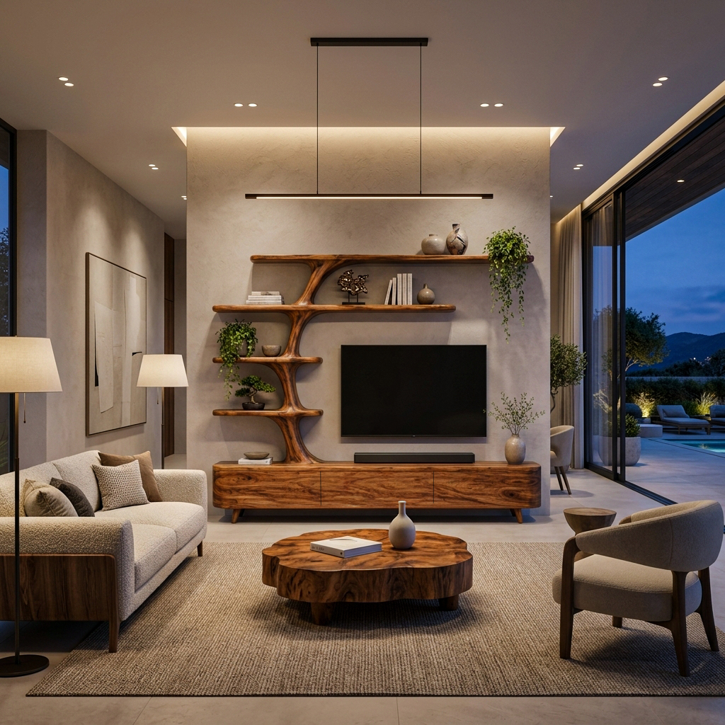 Wooden TV Console For Contemporary Living Room Interior